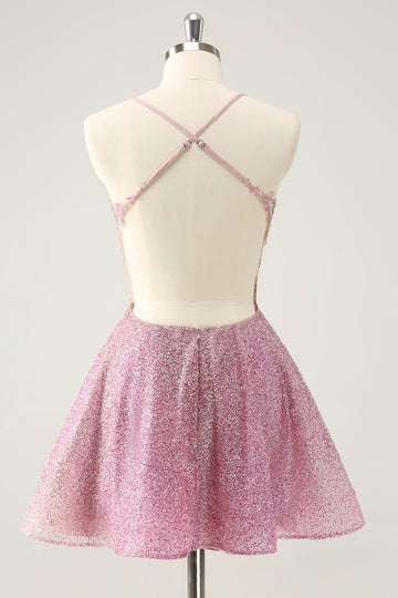Vestido de fiesta corto con corsé, apliques de cuentas brillantes y corte en A en color rosa oscuro